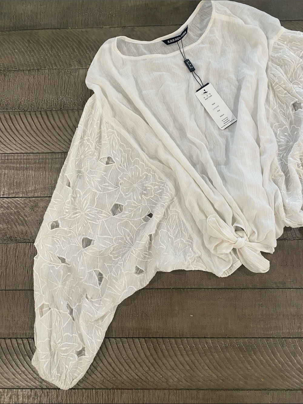 KAS New York White Eyelet Tie-Front Blouse with Flutter Sleeves